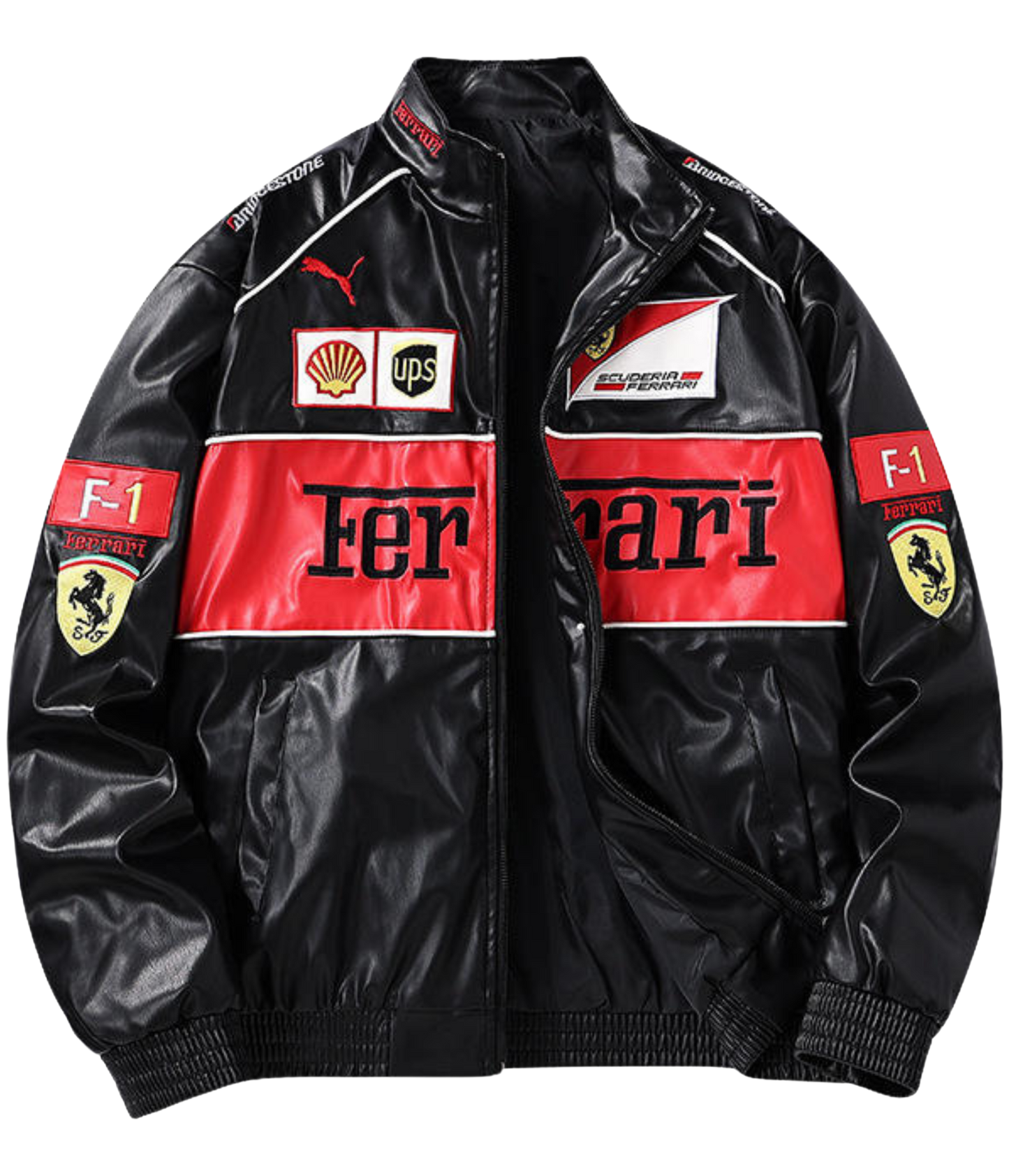 Chaqueta Negra de Cuero Ferrari F1 Vintage - VELOCE