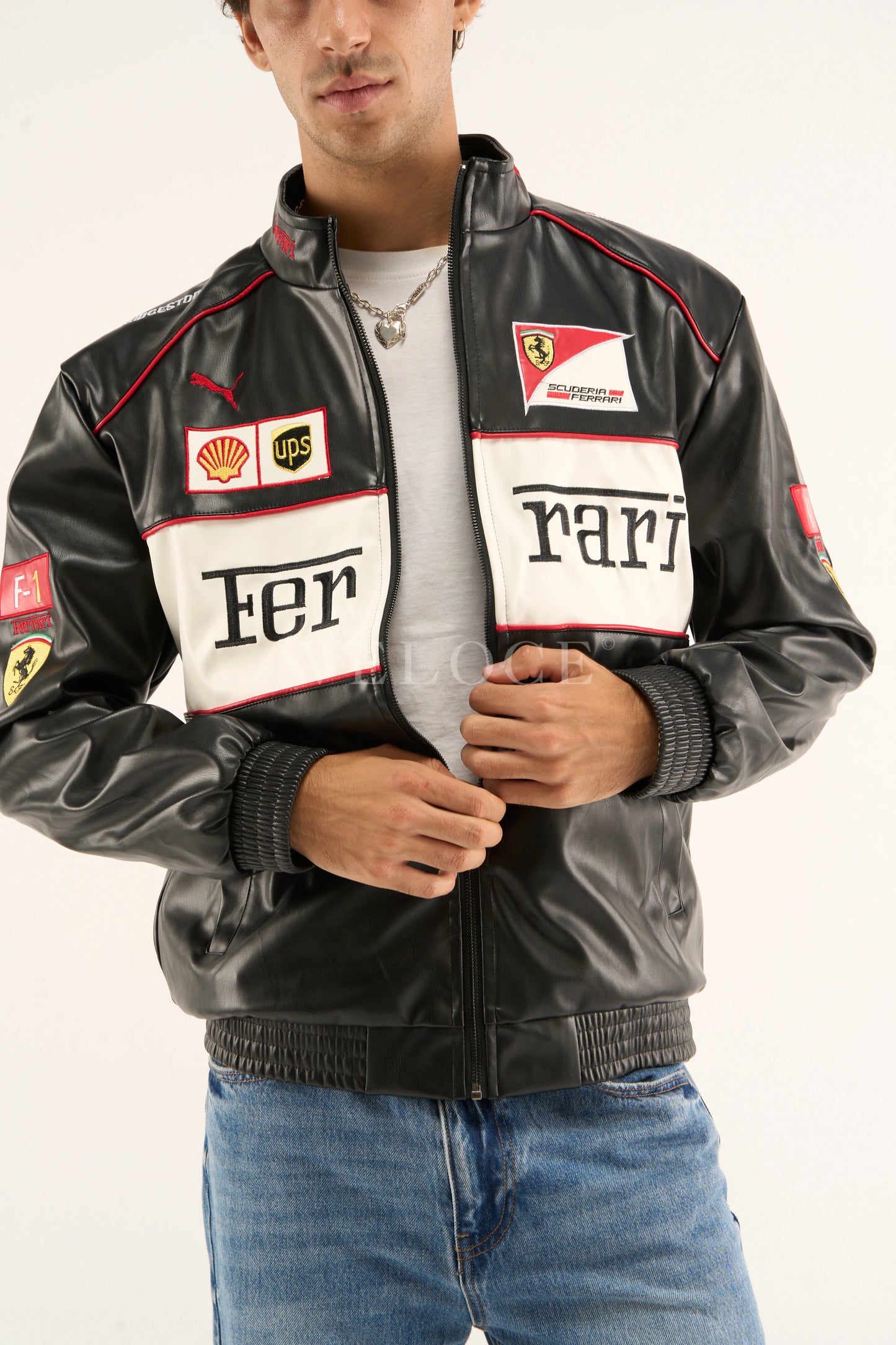 F*RRARI F1 Vintage Leather Jacket - White Edition