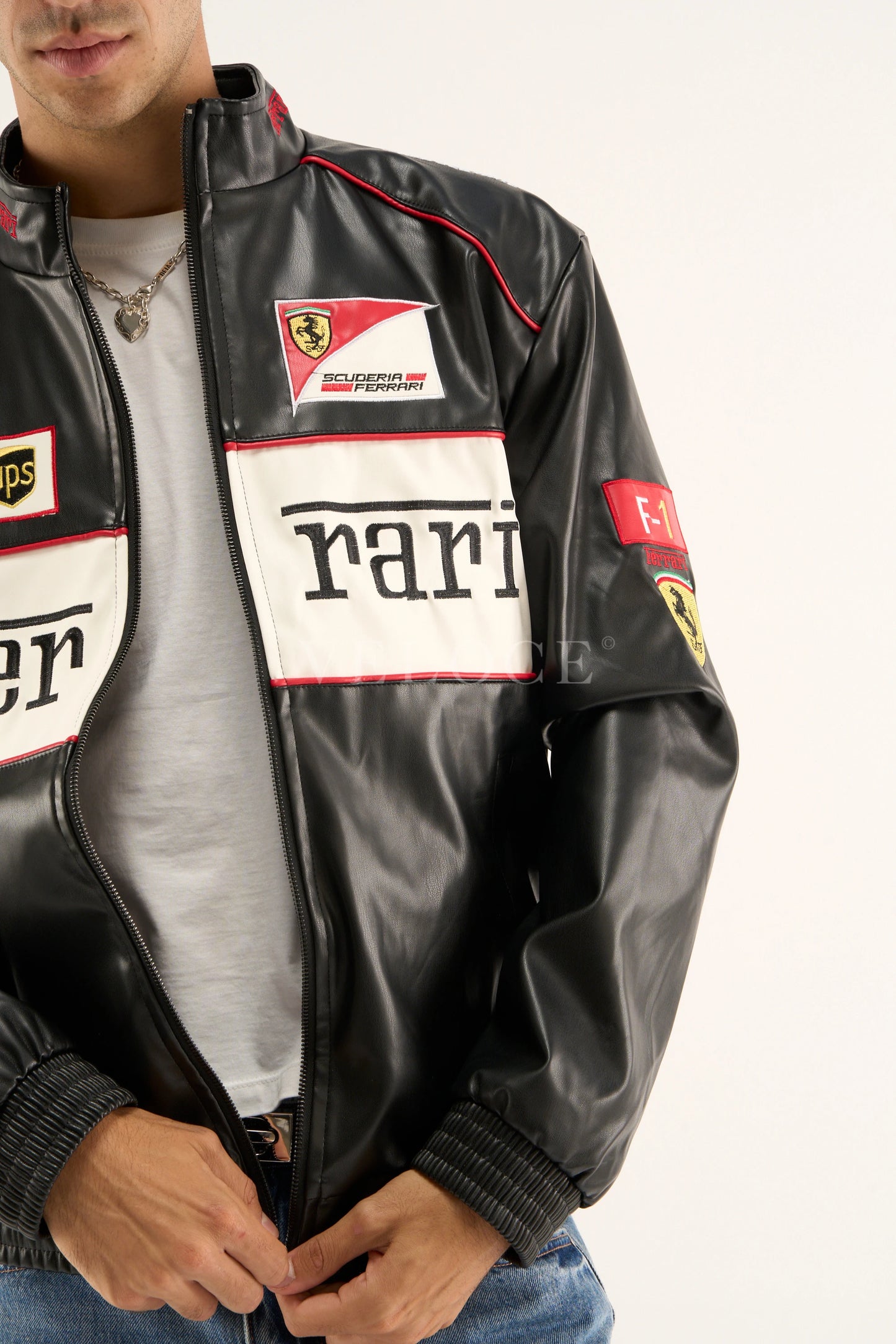 F*RRARI F1 Vintage Leather Jacket - White Edition