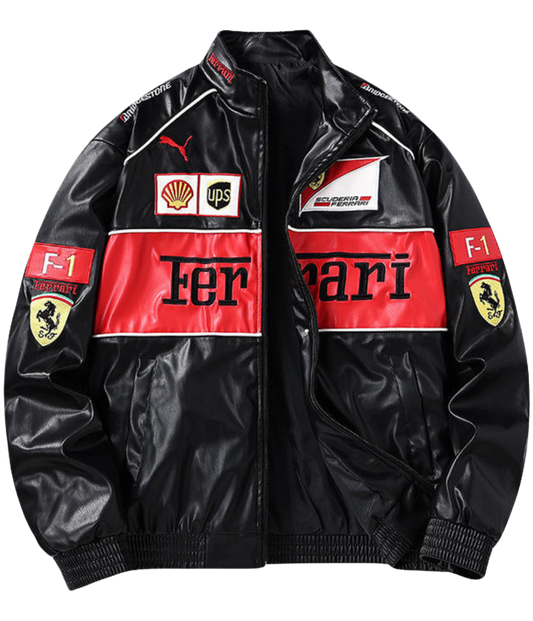 Chaqueta Negra de Cuero Ferrari F1 Vintage - VELOCE