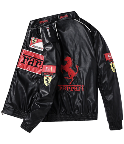 Chaqueta Negra de Cuero Ferrari F1 Vintage - VELOCE