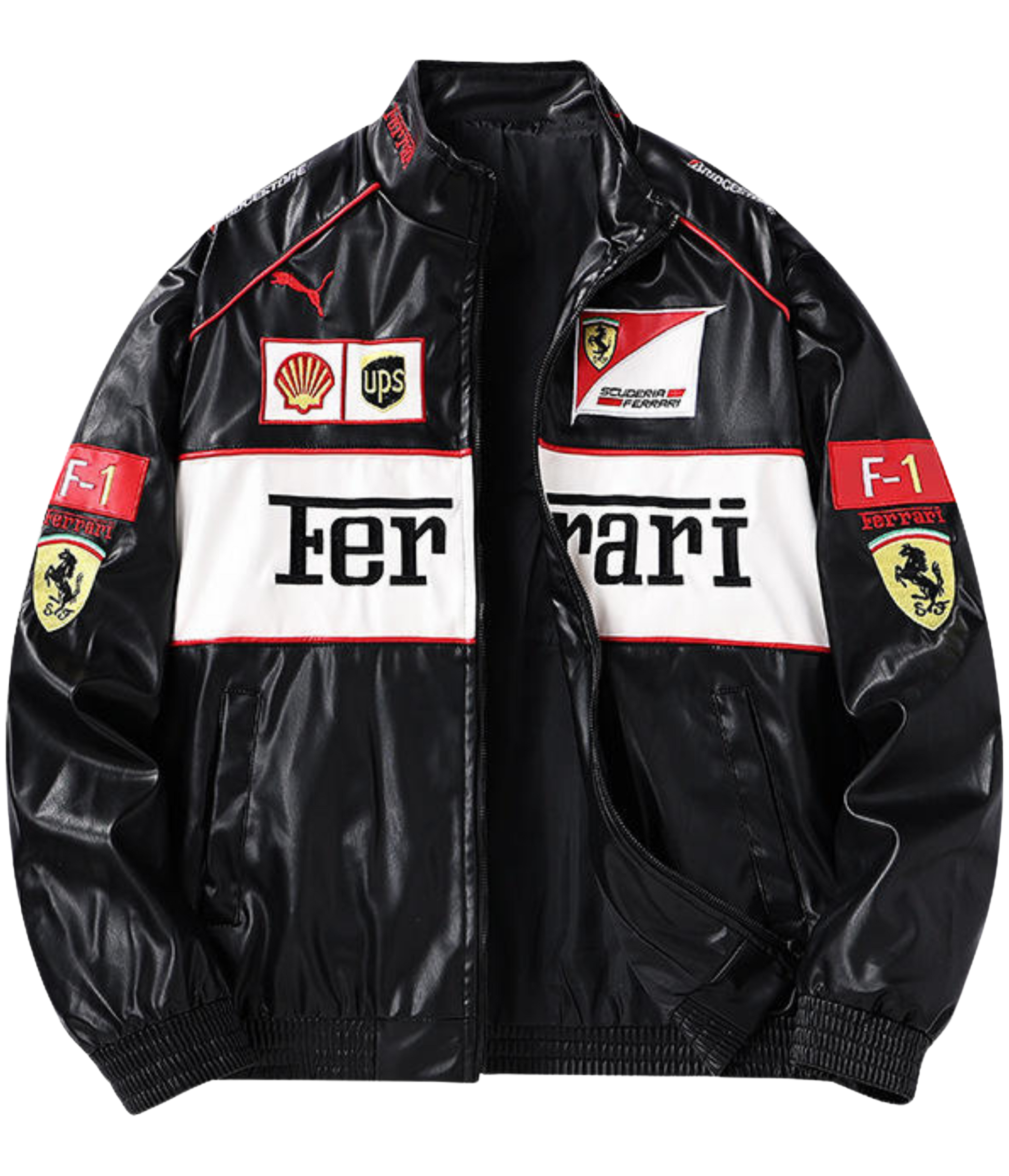 Chaqueta Negra de Cuero Ferrari F1 Vintage - VELOCE