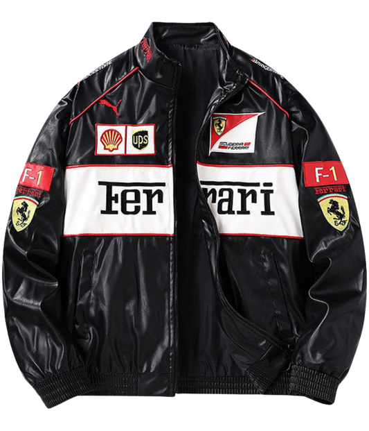 Chaqueta Negra de Cuero Ferrari F1 Vintage - VELOCE