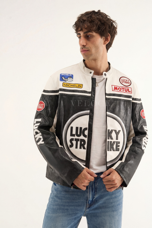 Lucky Strike Racing Leather Jacket - White Edition
