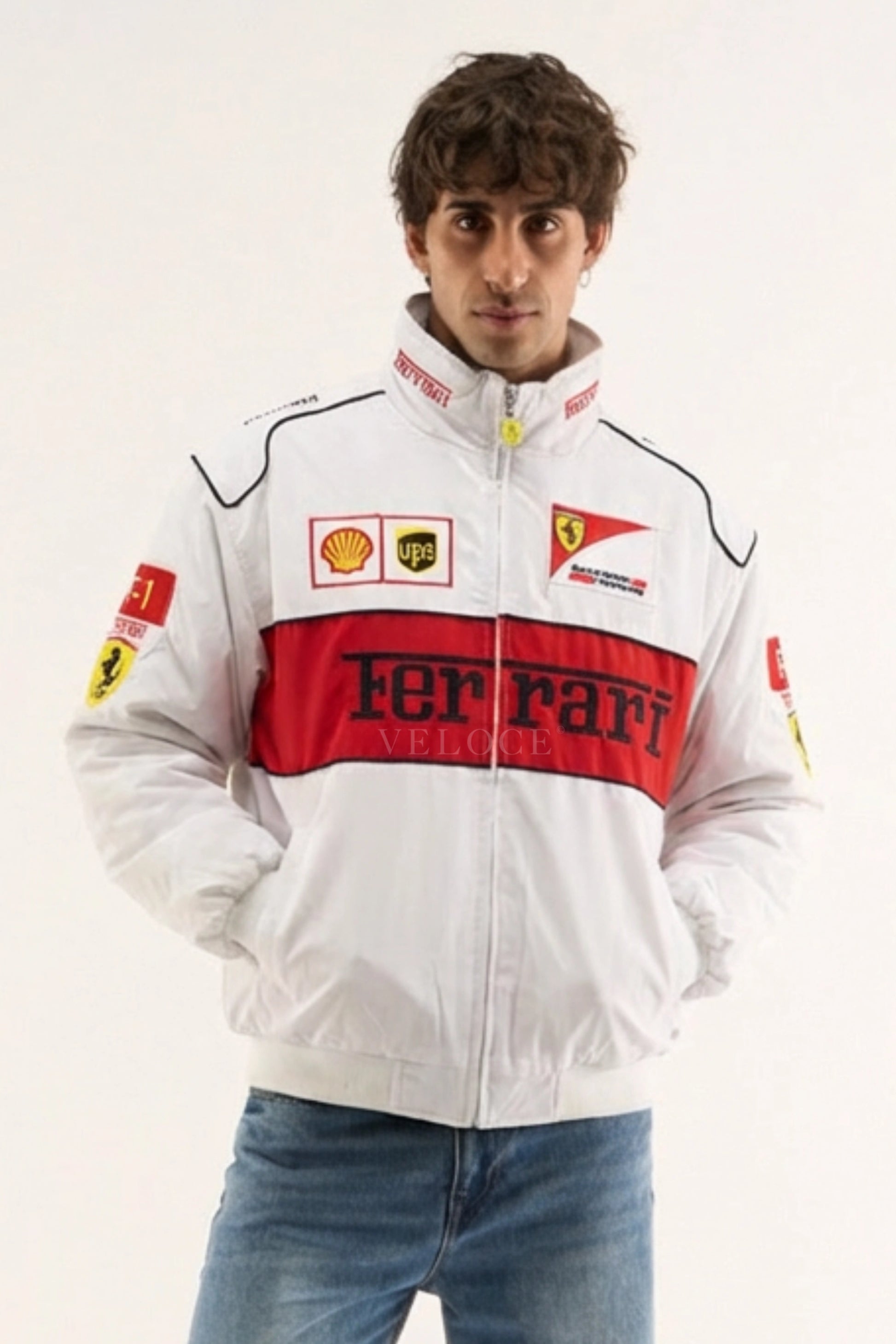 Front view — Ferrari F1 Vintage Racing Jacket White Edition by VELOCE (embroidered, padded, quality finish)