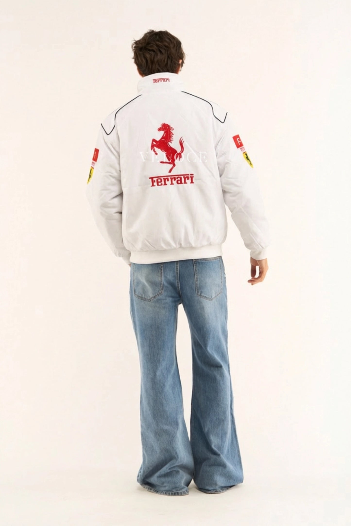 Back view — Ferrari F1 Vintage Racing Jacket White Edition, red stripe detail