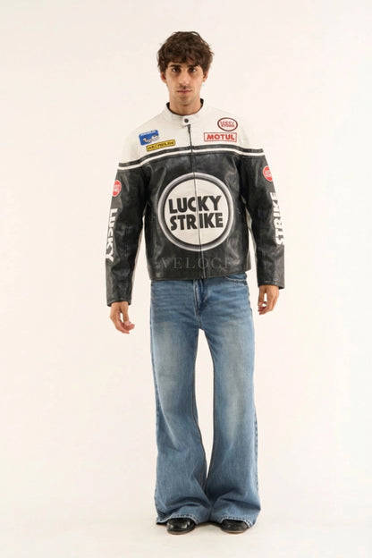 Lucky Strike Racing Leather Jacket - White Edition