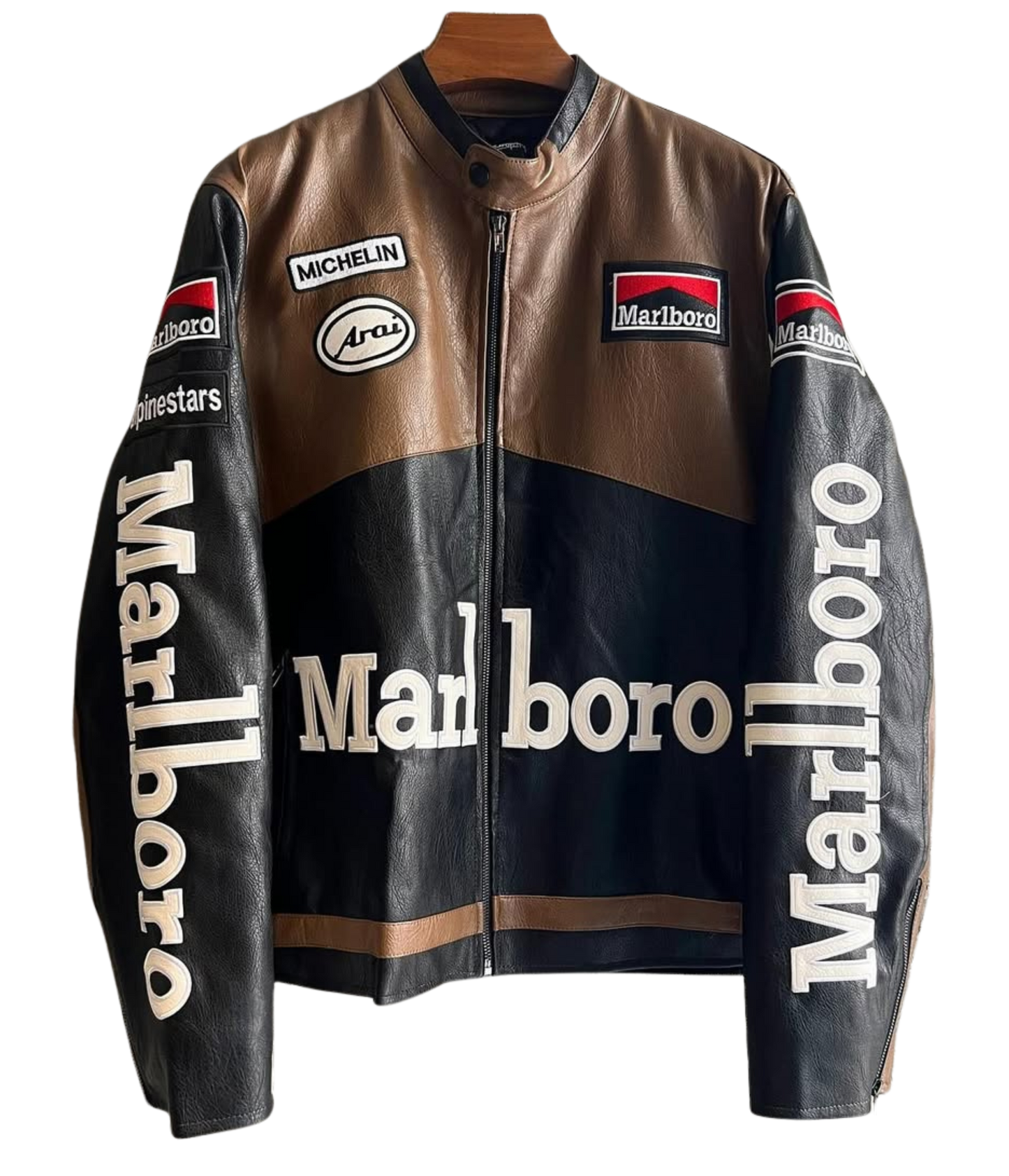 Marlboro F1 brown vegan leather racing jacket with embroidered logos and padded lining, combining motorsport heritage and modern streetwear by VELOCE.