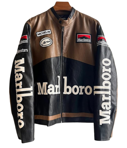 Marlboro F1 brown vegan leather racing jacket with embroidered logos and padded lining, combining motorsport heritage and modern streetwear by VELOCE.